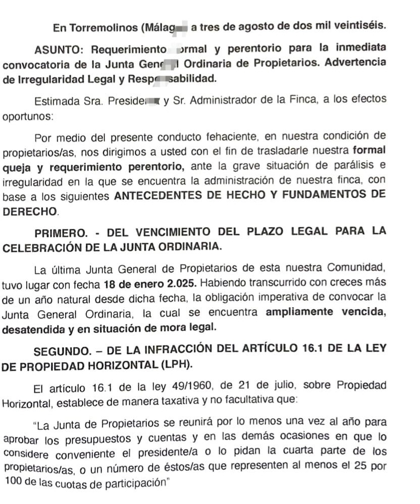 Envío Burofax a la Presidenta y Administrador solicitando Junta General Ordinaria